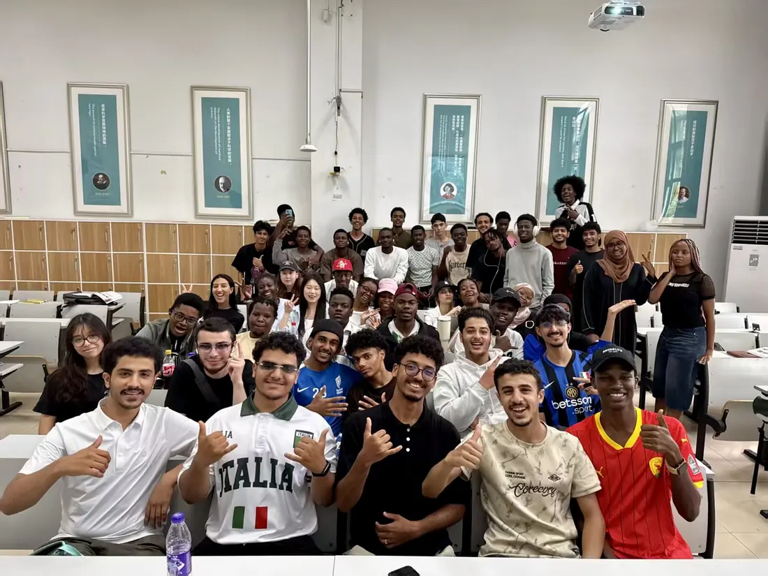 A large group of international students together in a classroom at a Chinese university