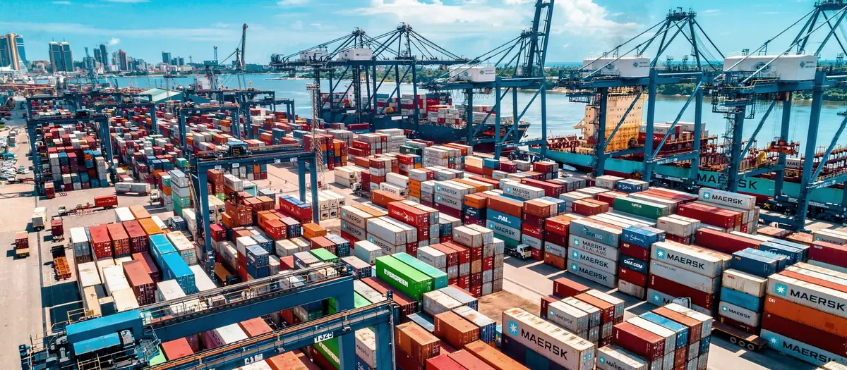 Aerial view of a container yard at a shipping terminal
